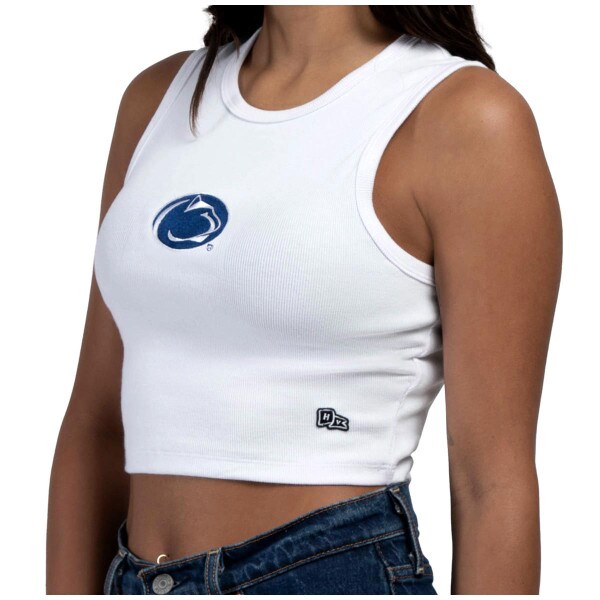 model with women's Hype and Vice white cut off crop top tank with Penn State Athletic Logo